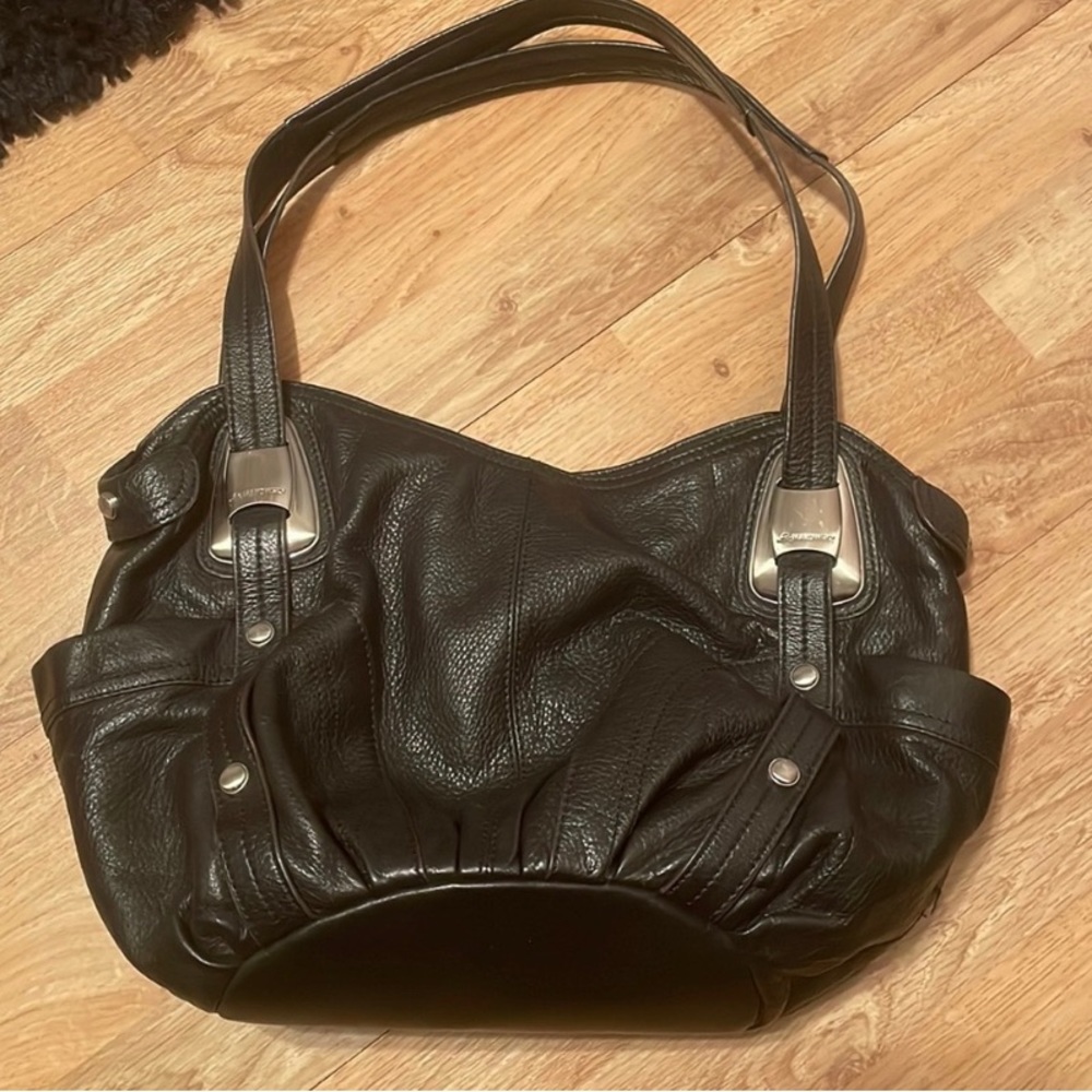 B Makowsky Pebbled Black Leather Silver Tone Hardware Satchel Shoulder Bag Tote